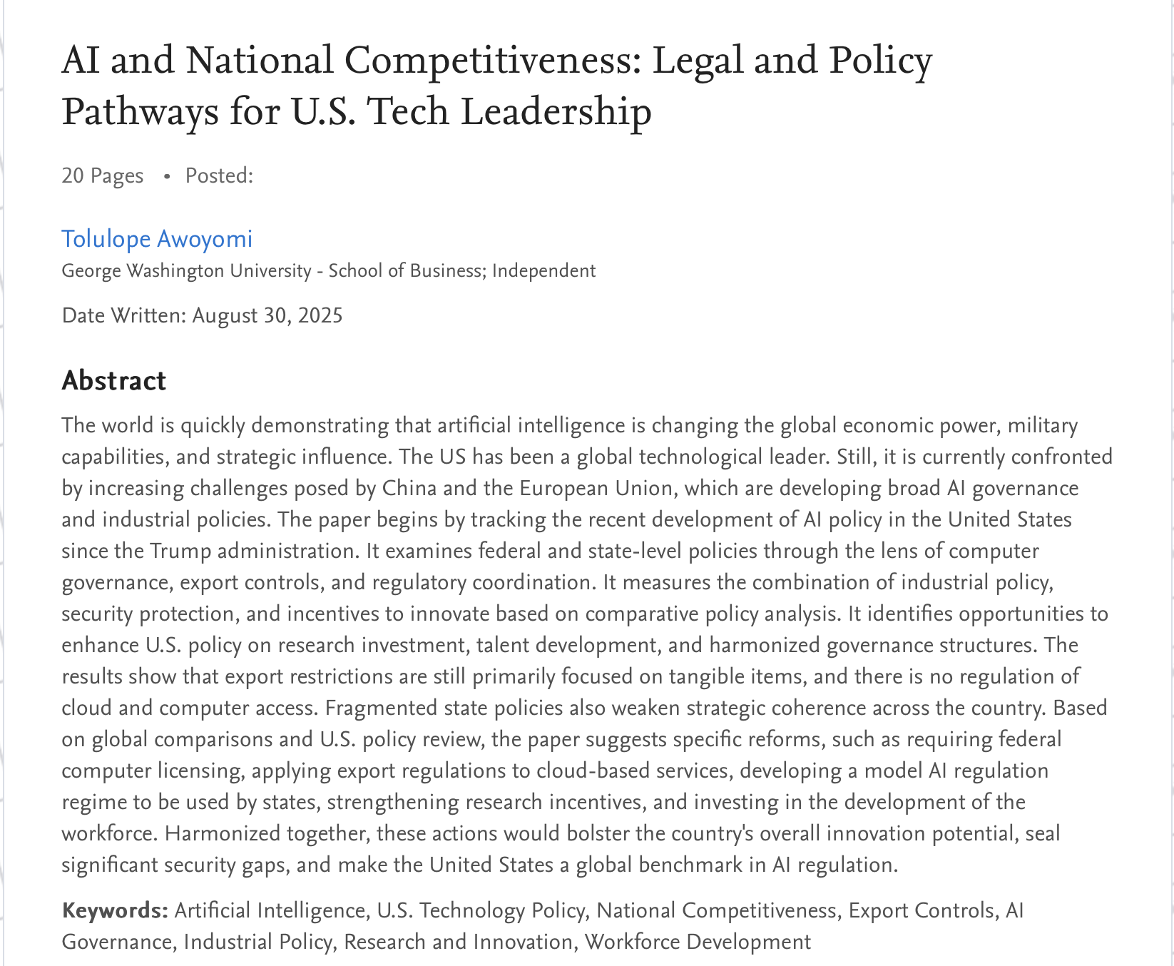 AI and National Competitiveness: Legal and Policy Pathways for U.S. Tech Leadership